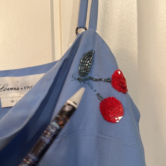 Lovers and Friends Cassie Mini Dress Fit &Flare Size XS Blue Cherries Open Sides - Picture 11 of 15